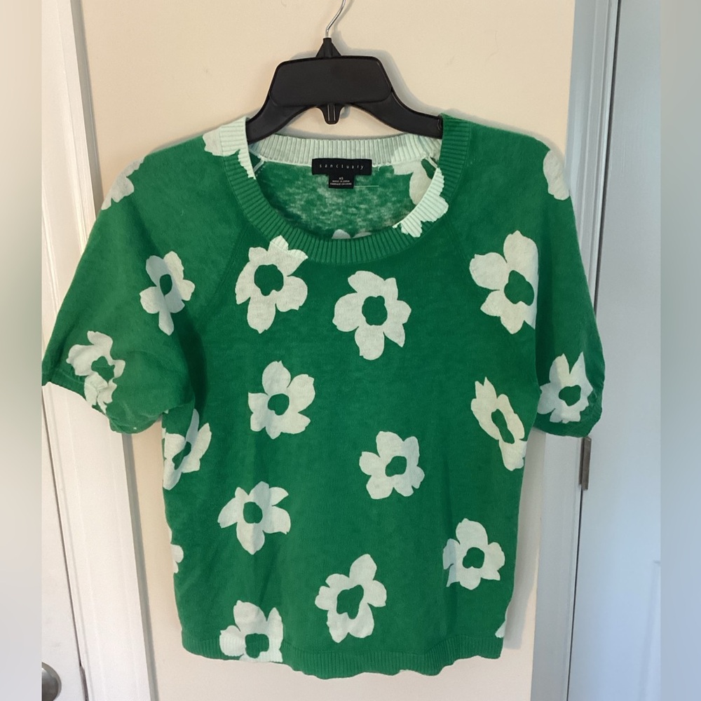 Sanctuary Sunny Days Flower Pop, green with white flowers, crewneck sweater , XS